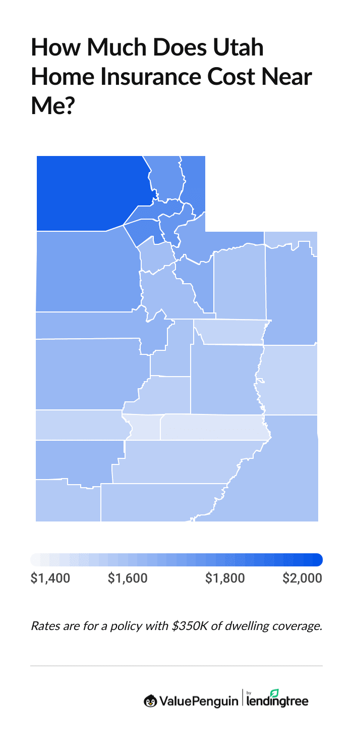 Map of the average cost of home insurance in Utah by county